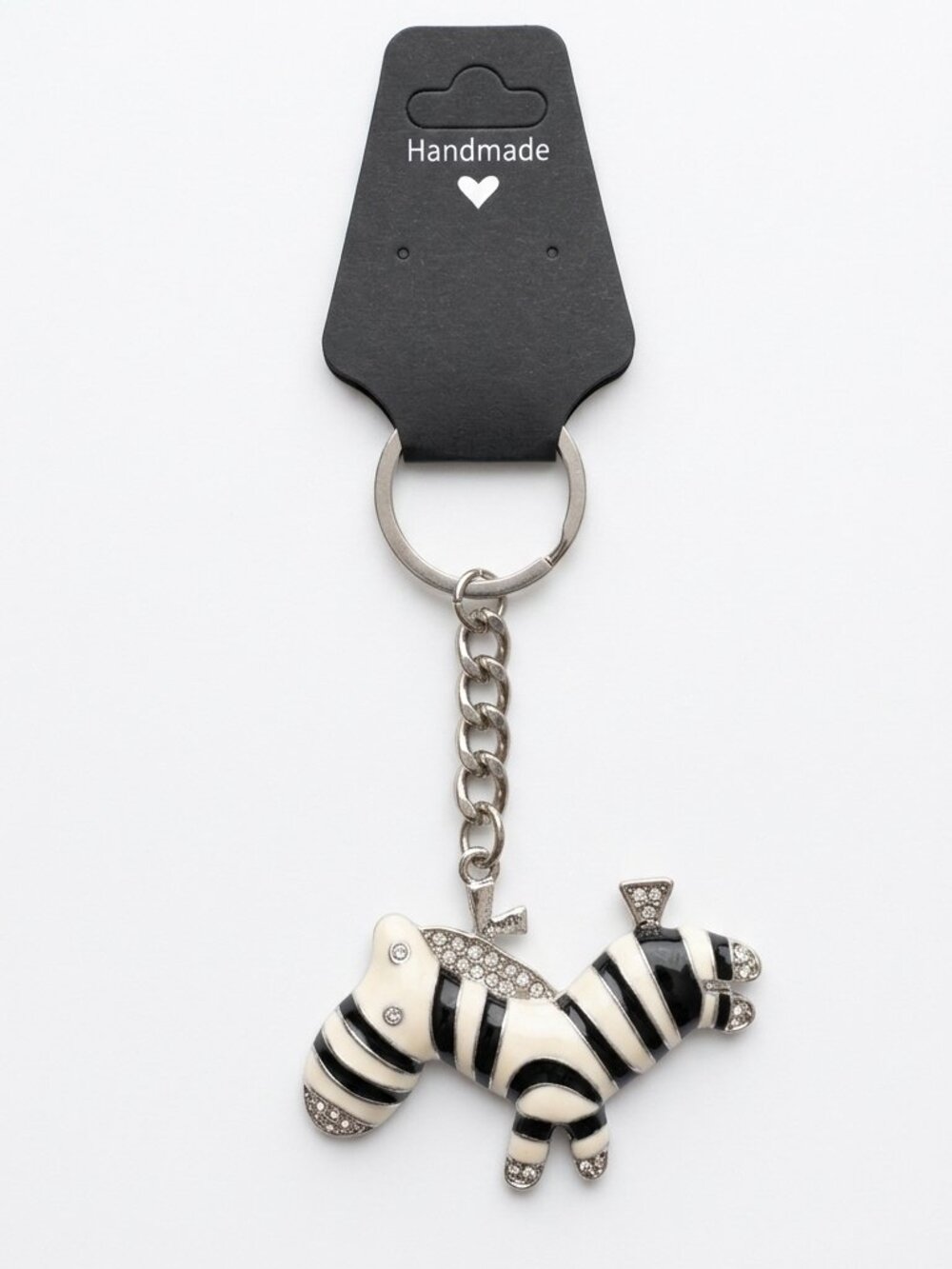 Handmade - Enameled tone - black and white -  Keychain Zebra with Rhinestone